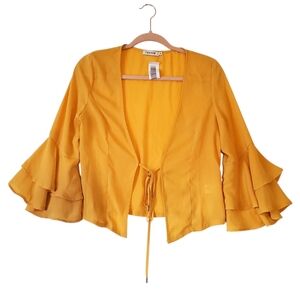 Farrow Golden Silky Open Wrap Blouse‎ Top Flare Ruffle Sleeves Size Medium NWT